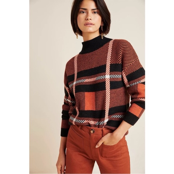 BOGO! Anthropologie Davina Plaid Mock Neck Sweater Rust...